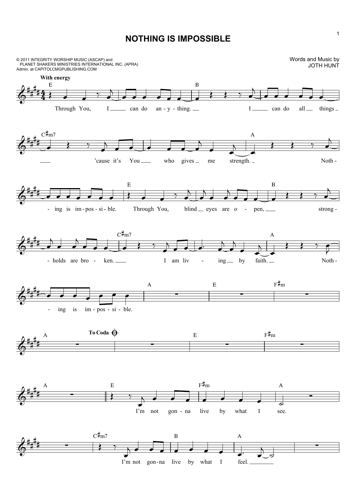 Download Joth Hunt Nothing Is Impossible Sheet Music and learn how to play Melody Line, Lyrics & Chords PDF digital score in minutes