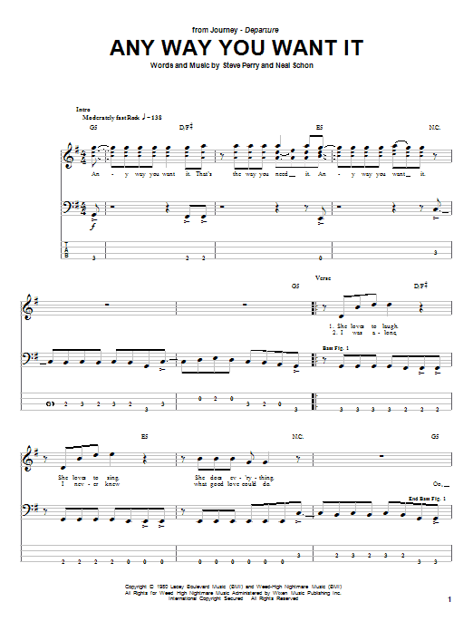 Download Journey Any Way You Want It Sheet Music and learn how to play Bass Guitar Tab PDF digital score in minutes