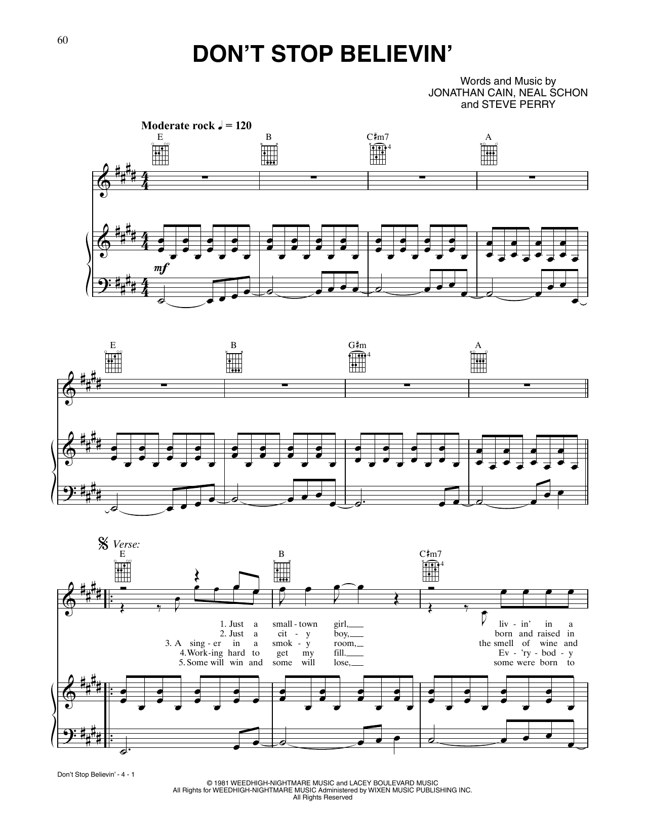 Download Journey Don't Stop Believin' (from Rock of Ages) Sheet Music and learn how to play Piano, Vocal & Guitar Chords (Right-Hand Melody) PDF digital score in minutes