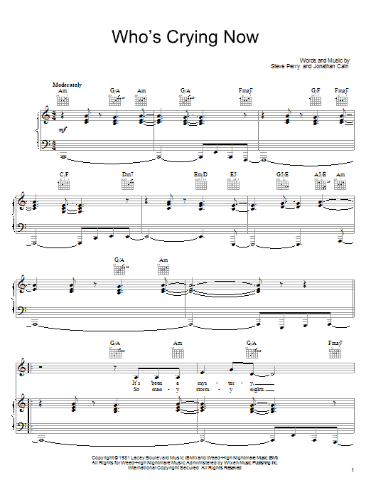 Download Journey Who's Crying Now Sheet Music and learn how to play Piano, Vocal & Guitar (Right-Hand Melody) PDF digital score in minutes