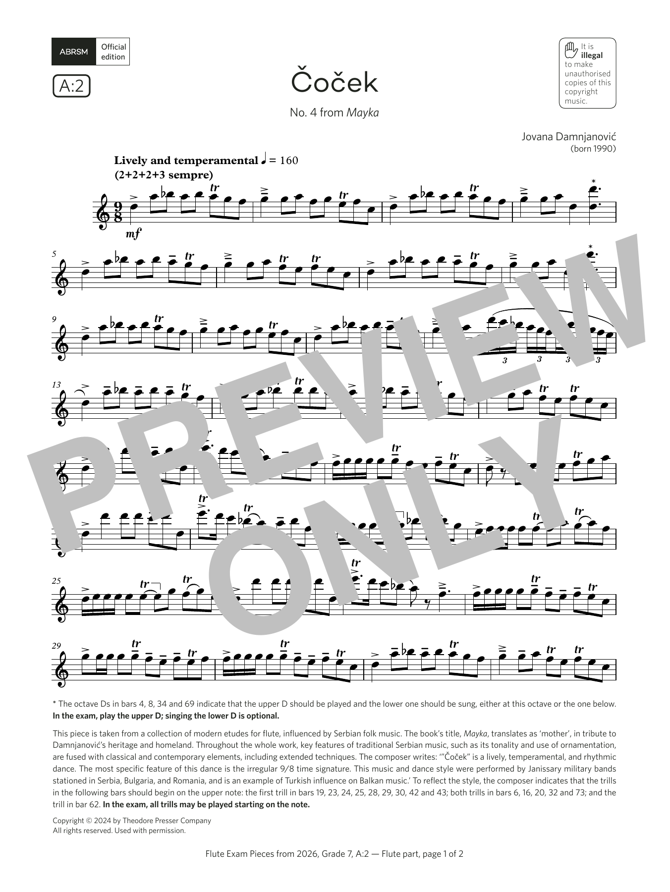 Download Jovana Damnjanovic Čoček (Grade 7, list A2, from the ABRSM Flute Syllabus from 2026) Sheet Music and learn how to play Flute Solo PDF digital score in minutes