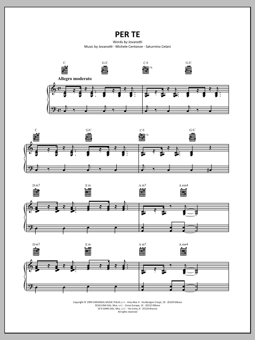 Download Jovanotti Per Te Sheet Music and learn how to play Piano, Vocal & Guitar Chords (Right-Hand Melody) PDF digital score in minutes