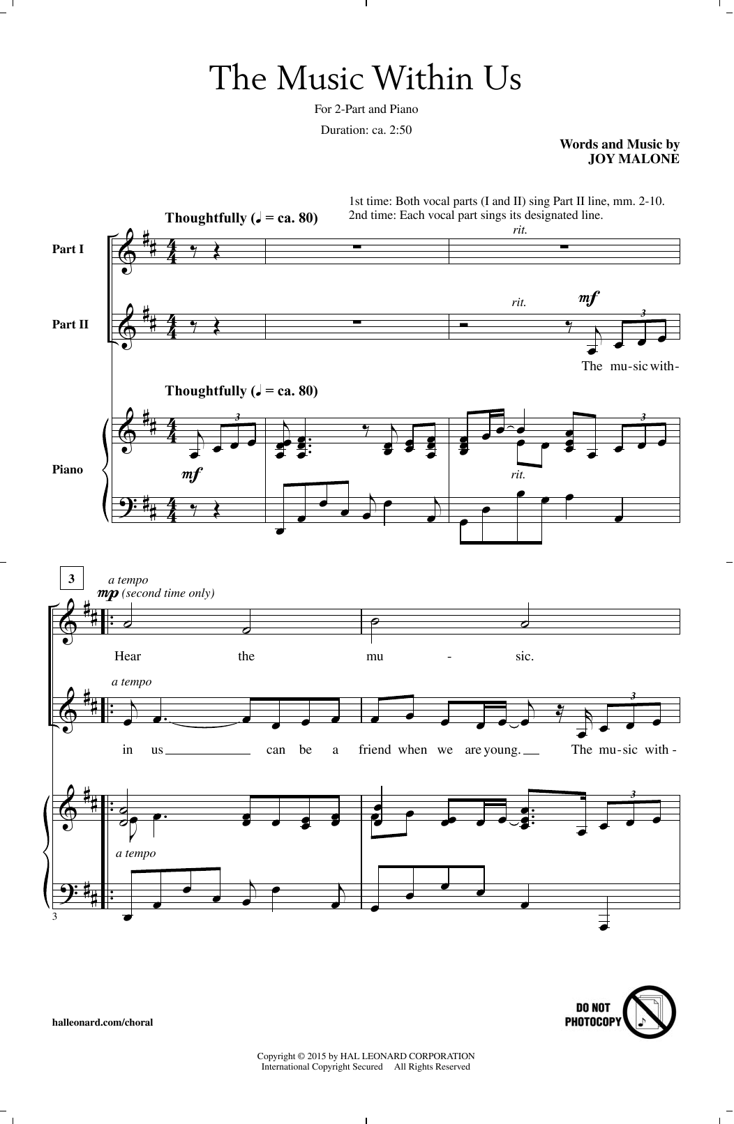 Download Joy Malone The Music Within Us Sheet Music and learn how to play 2-Part Choir PDF digital score in minutes