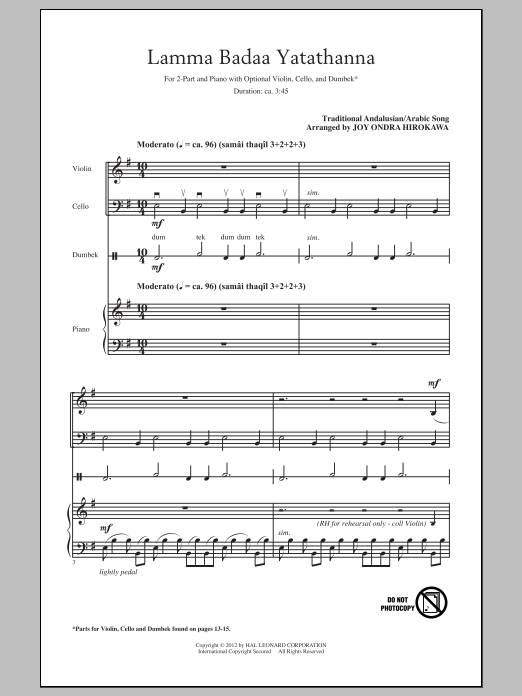 Download Traditional Lamma Badaa Yatathanna (arr. Joy Ondra Hirokawa) Sheet Music and learn how to play 2-Part Choir PDF digital score in minutes