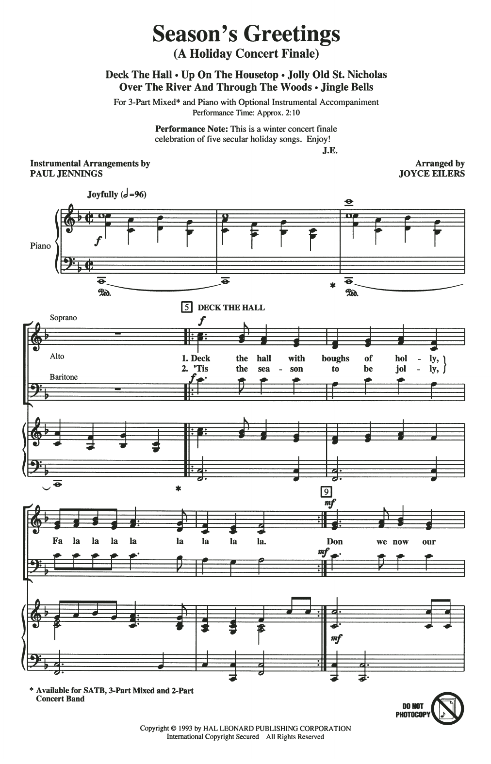 Download Joyce Eilers Season's Greetings (Medley) Sheet Music and learn how to play 3-Part Mixed Choir PDF digital score in minutes