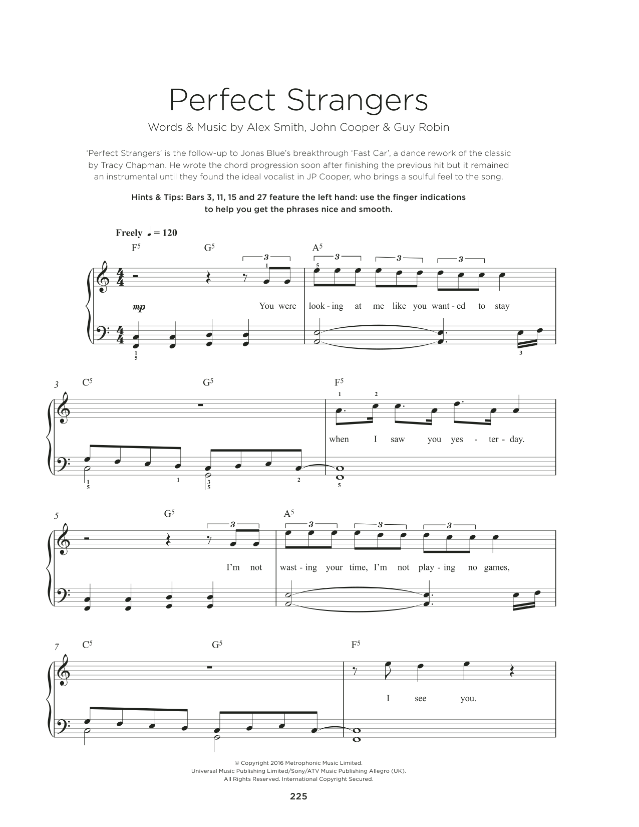 Download JP Cooper Perfect Strangers Sheet Music and learn how to play Easy Piano PDF digital score in minutes