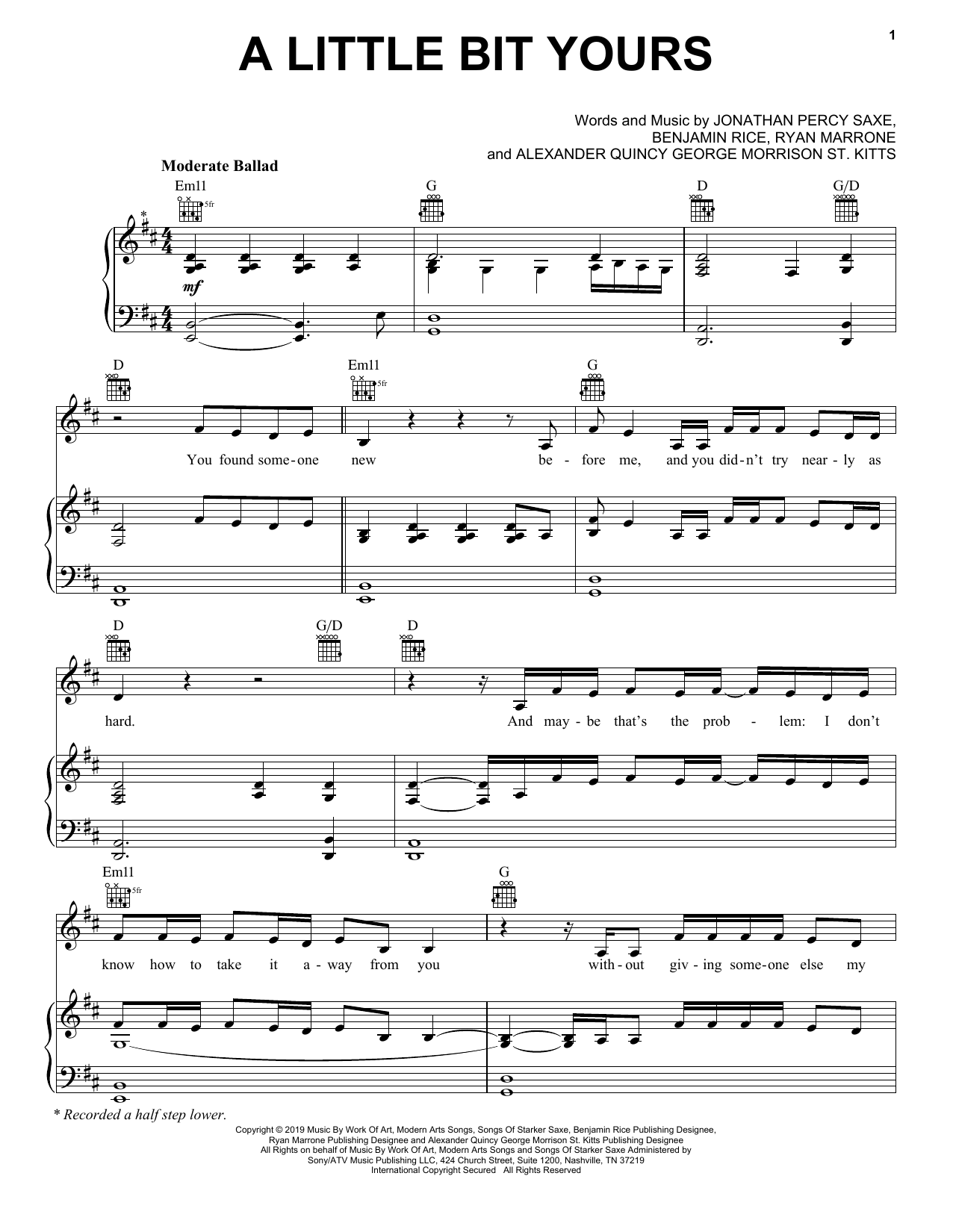 Download JP Saxe A Little Bit Yours Sheet Music and learn how to play Piano, Vocal & Guitar Chords (Right-Hand Melody) PDF digital score in minutes