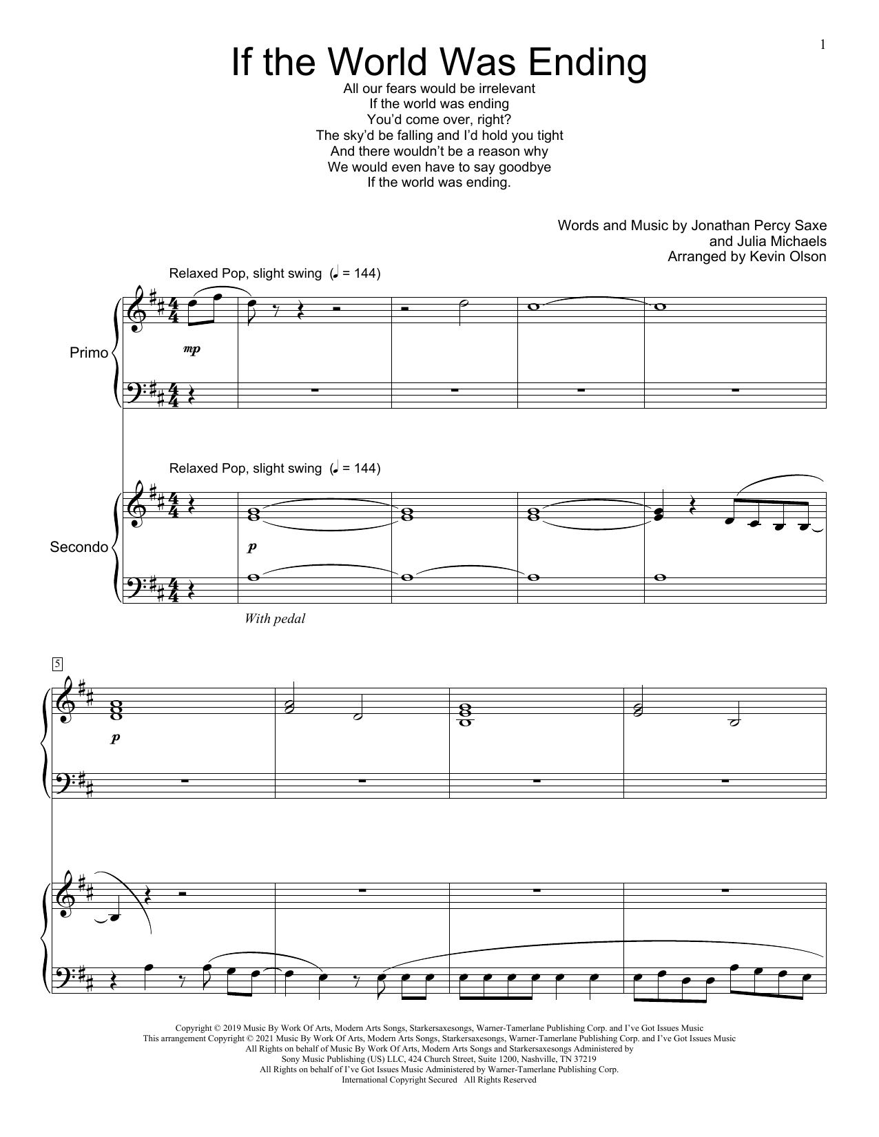 Download JP Saxe If The World Was Ending (feat. Julia Michaels) (arr. Kevin Olson) Sheet Music and learn how to play Piano Duet PDF digital score in minutes