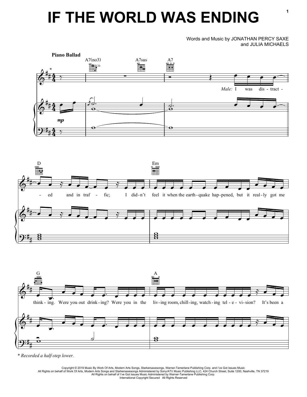 Download JP Saxe If The World Was Ending (feat. Julia Michaels) Sheet Music and learn how to play Piano, Vocal & Guitar Chords (Right-Hand Melody) PDF digital score in minutes