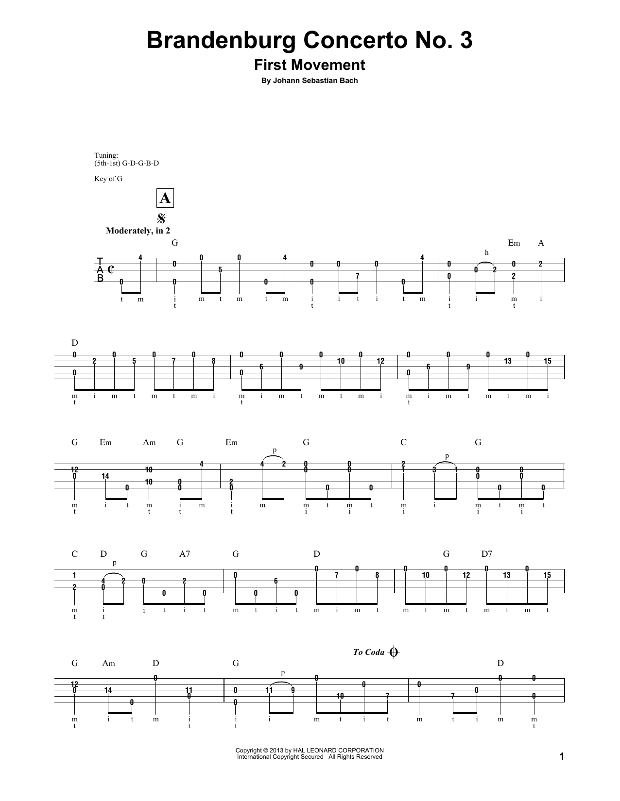 Download Johann Sebastian Bach Brandenburg Concerto No. 3 Sheet Music and learn how to play Banjo PDF digital score in minutes