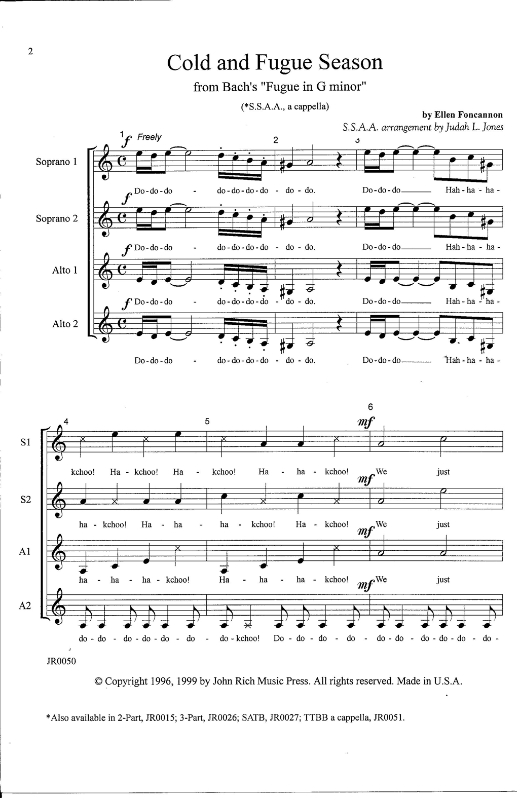 Download J.S. Bach Cold and Fugue Season (arr. Ellen Foncannon) Sheet Music and learn how to play SSAA Choir PDF digital score in minutes