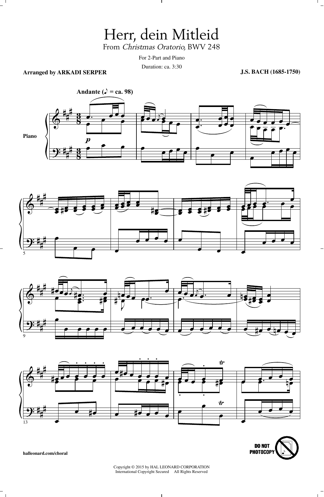 Download J.S. Bach Herr, Dein Mitleid (arr. Arkadi Serper) Sheet Music and learn how to play 2-Part Choir PDF digital score in minutes
