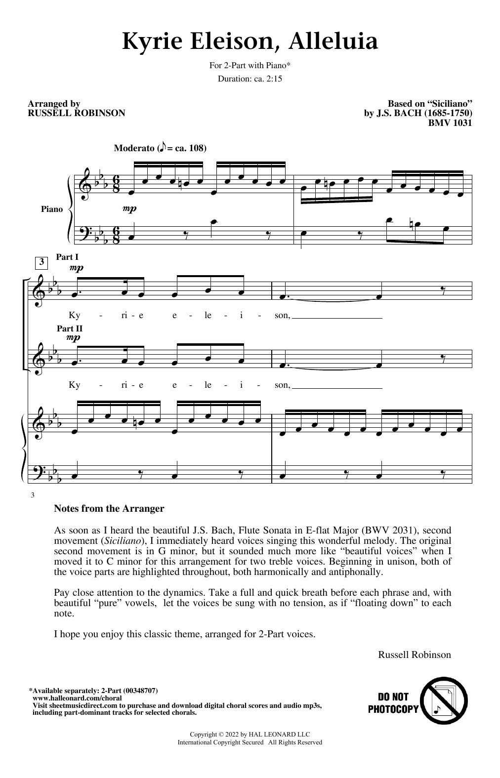 Download J.S. Bach Kyrie Eleison, Alleluia (arr. Russell Robinson) Sheet Music and learn how to play 2-Part Choir PDF digital score in minutes