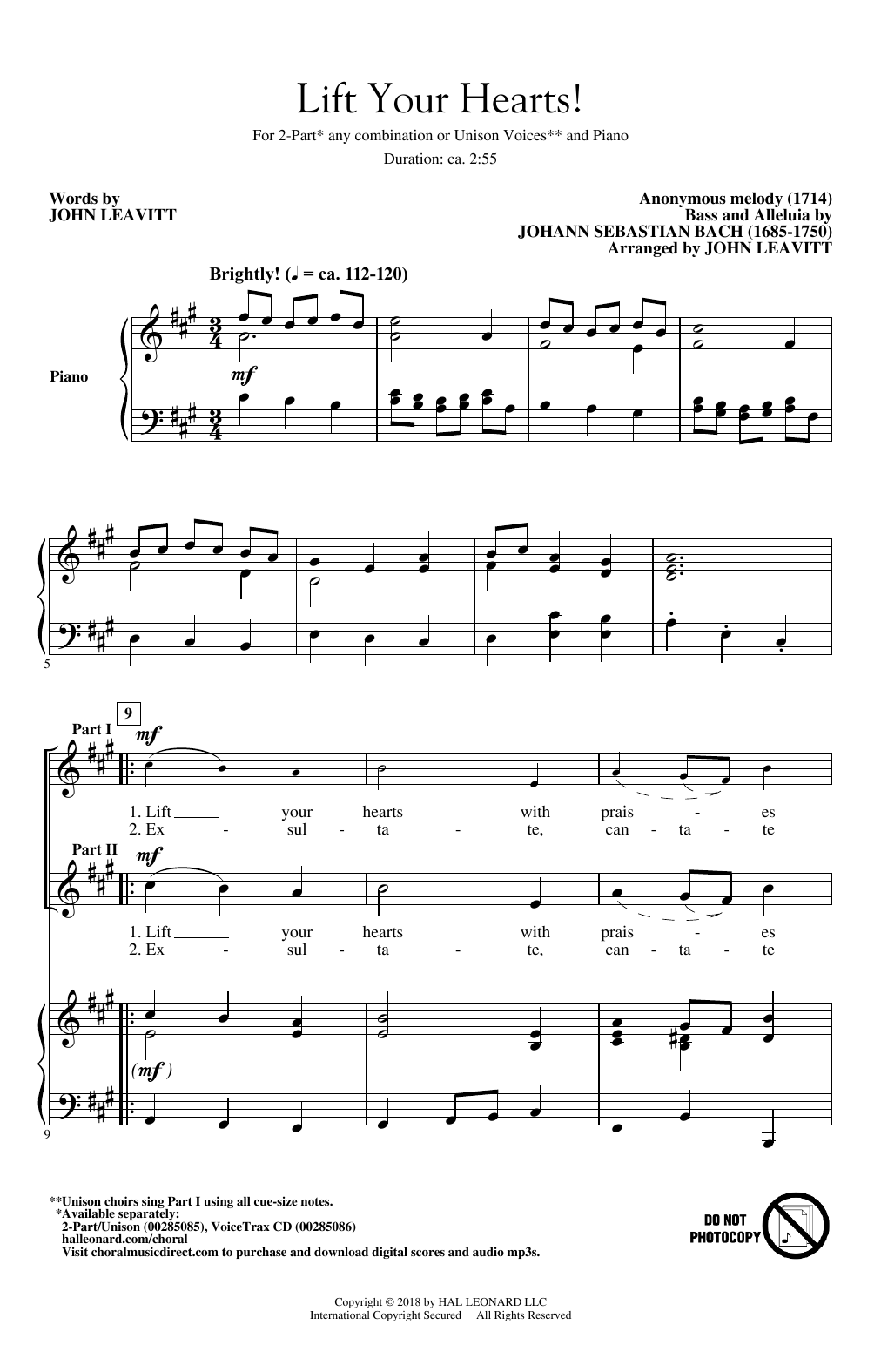 Download J.S. Bach Lift Your Hearts! (arr. John Leavitt) Sheet Music and learn how to play 2-Part Choir PDF digital score in minutes