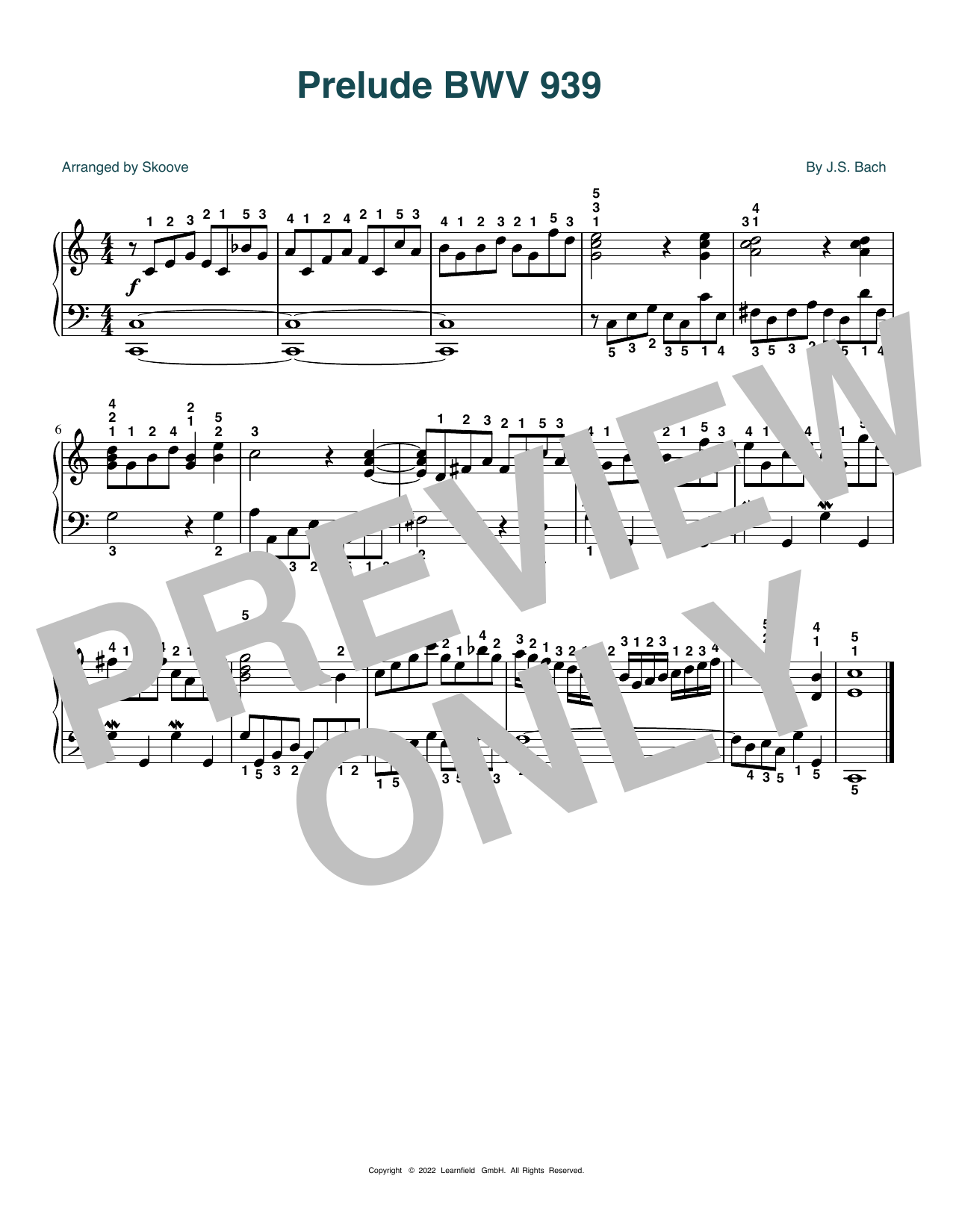 Download J.S. Bach Prelude BWV 939 (arr. Skoove) Sheet Music and learn how to play Piano Solo PDF digital score in minutes