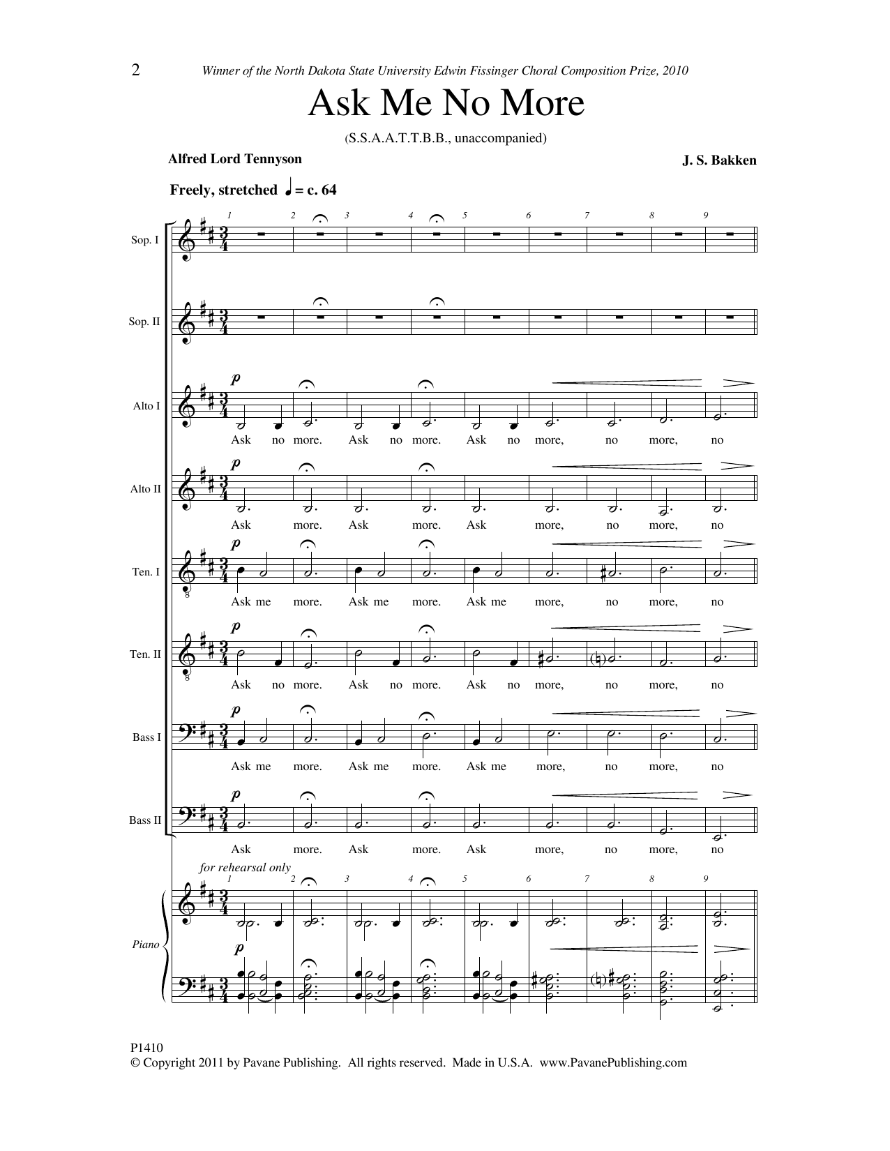 Download J.S. Bakken Ask Me No More Sheet Music and learn how to play SSAATTBB Choir PDF digital score in minutes