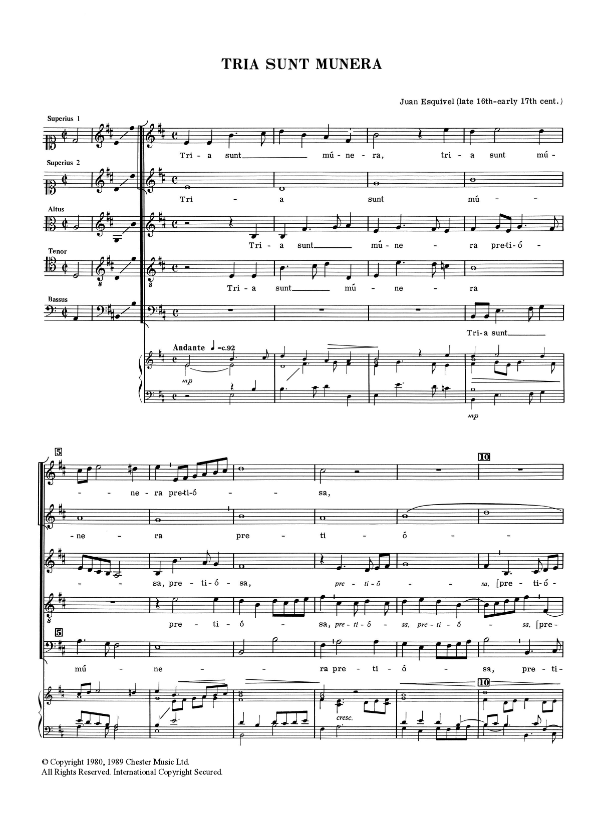 Download Juan Esquivel Tria Sunt Munera Sheet Music and learn how to play Choral SAATB PDF digital score in minutes