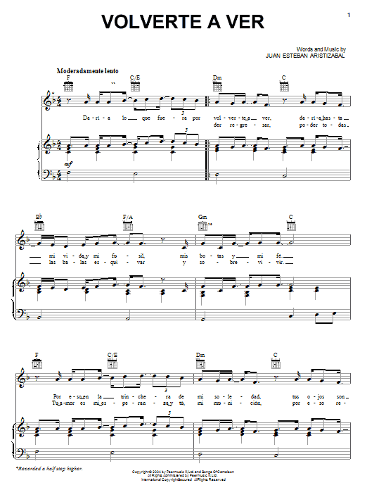 Download Juan Esteban Aristizabal Volverte A Ver Sheet Music and learn how to play Piano, Vocal & Guitar (Right-Hand Melody) PDF digital score in minutes