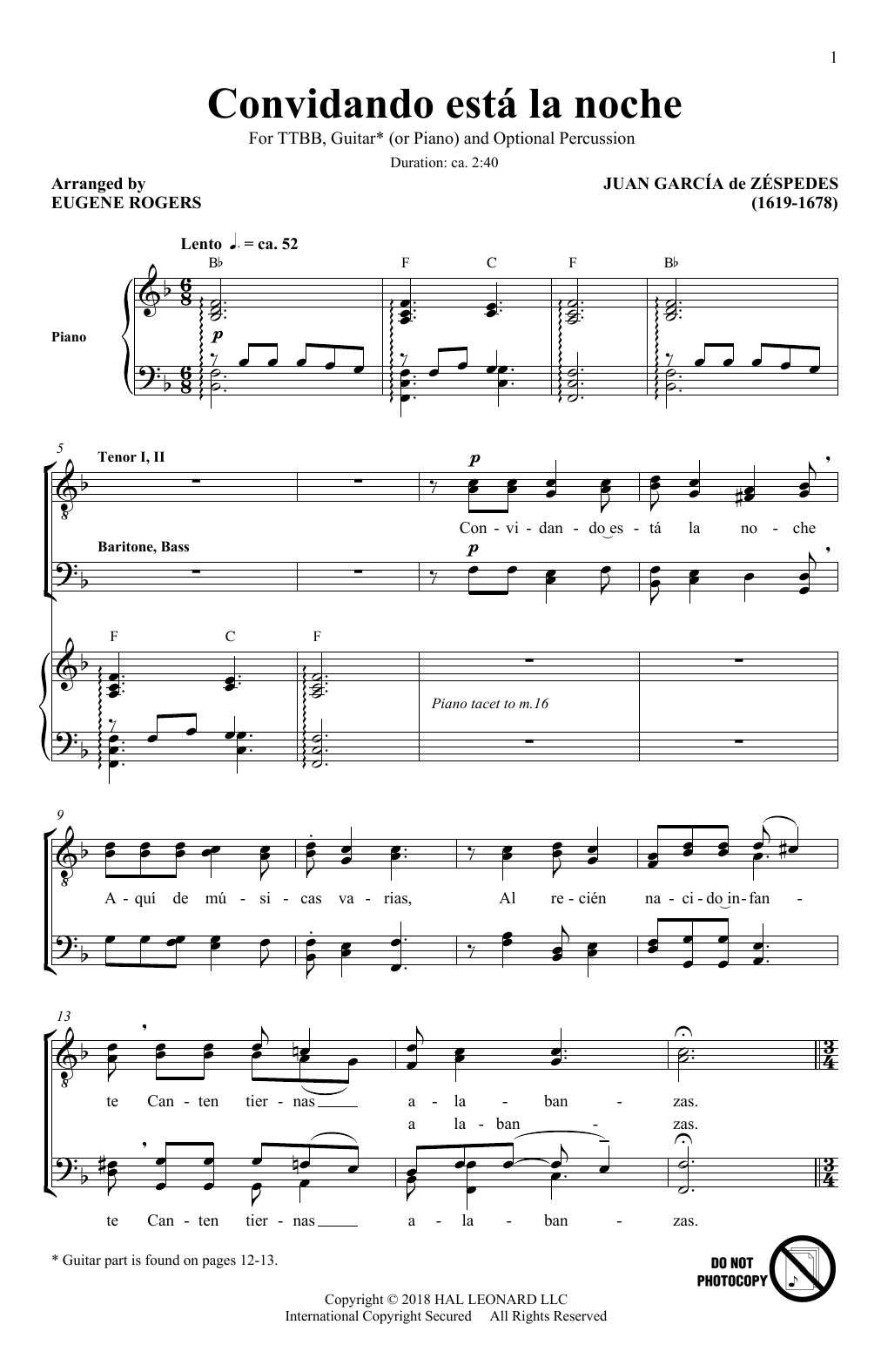 Download Juan Garcia De Zespedes Convidando Esta La Noche (arr. Eugene Rogers) Sheet Music and learn how to play TTBB Choir PDF digital score in minutes