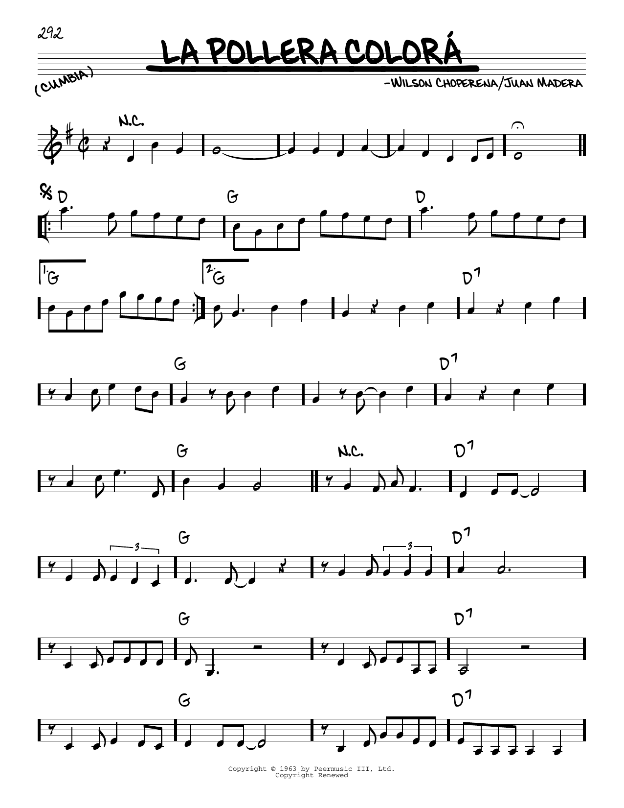 Download Juan Madera La Pollera Colorá Sheet Music and learn how to play Real Book – Melody & Chords PDF digital score in minutes