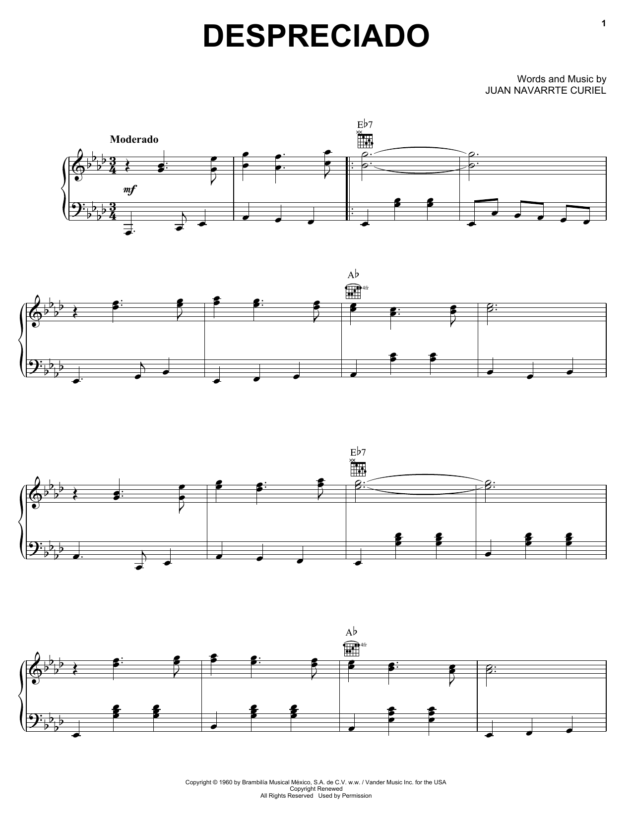 Download Juan Navarrte Curiel Despreciado Sheet Music and learn how to play Piano, Vocal & Guitar (Right-Hand Melody) PDF digital score in minutes