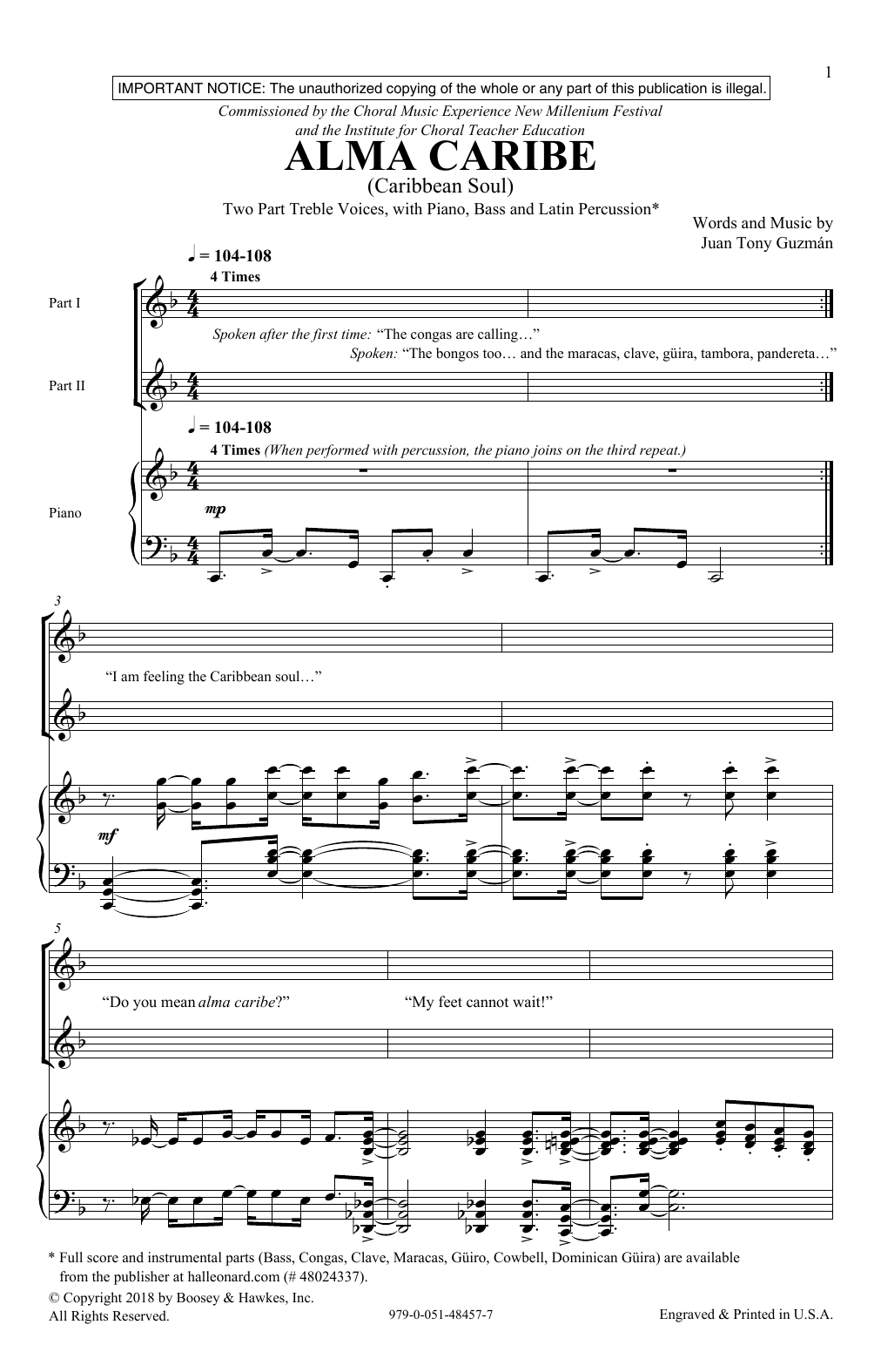 Download Juan Tony Guzman Alma Caribe (Caribbean Soul) Sheet Music and learn how to play 2-Part Choir PDF digital score in minutes