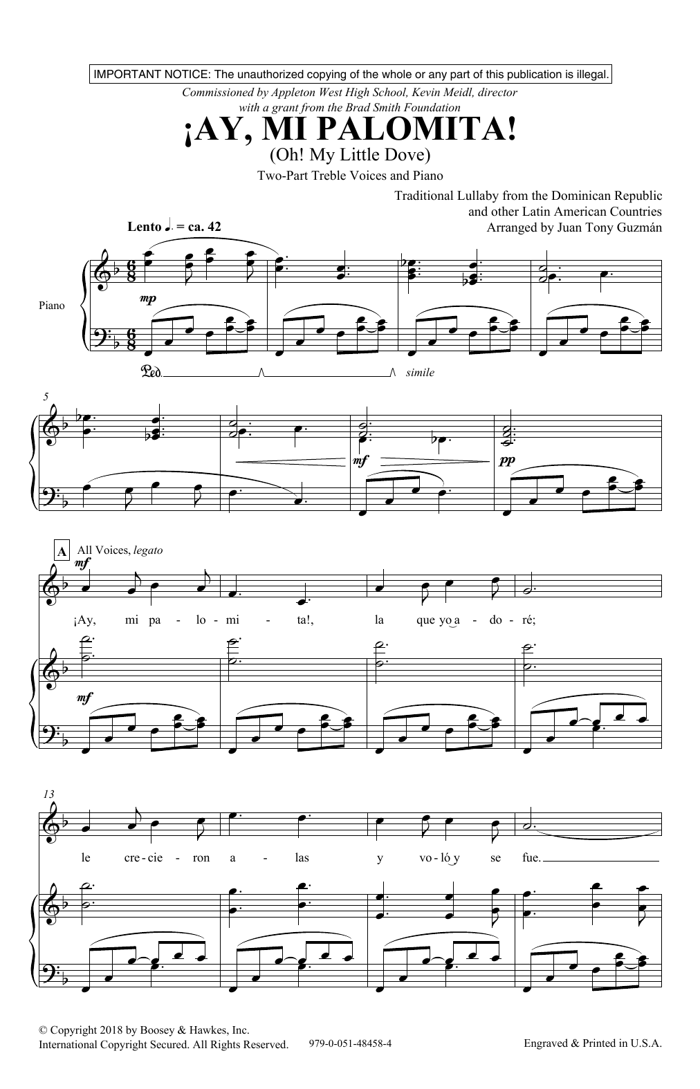 Download Juan-Tony Guzmán Ay! Mi Palomita (Oh! My Little Dove) Sheet Music and learn how to play 2-Part Choir PDF digital score in minutes