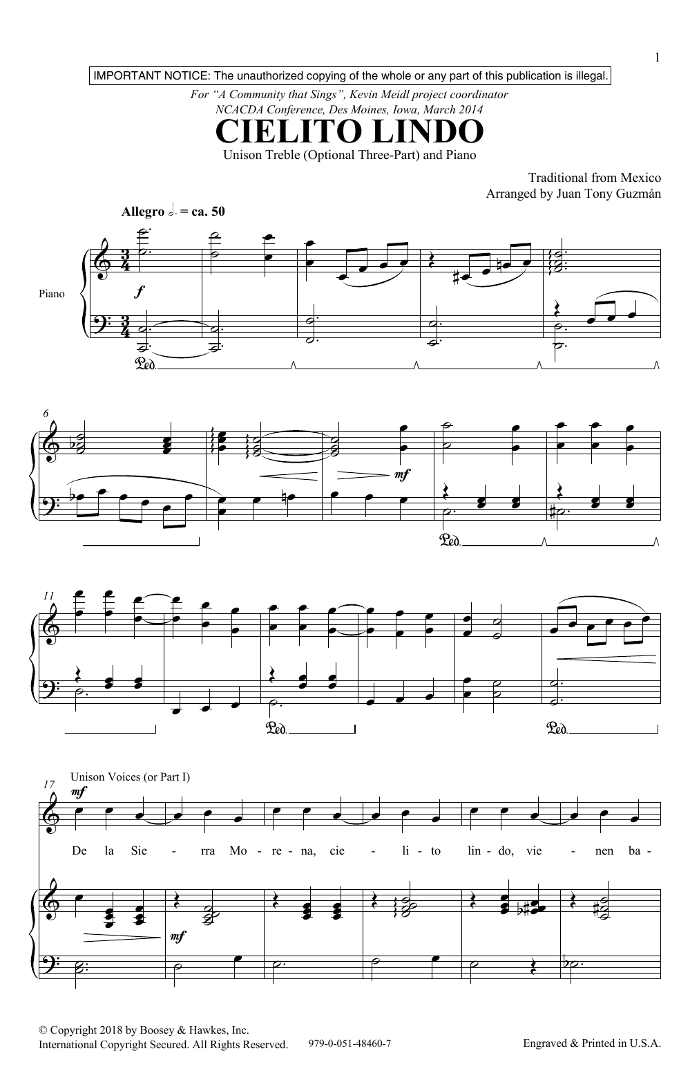 Download Juan-Tony Guzmán Cielito Lindo Sheet Music and learn how to play Unison Choir PDF digital score in minutes