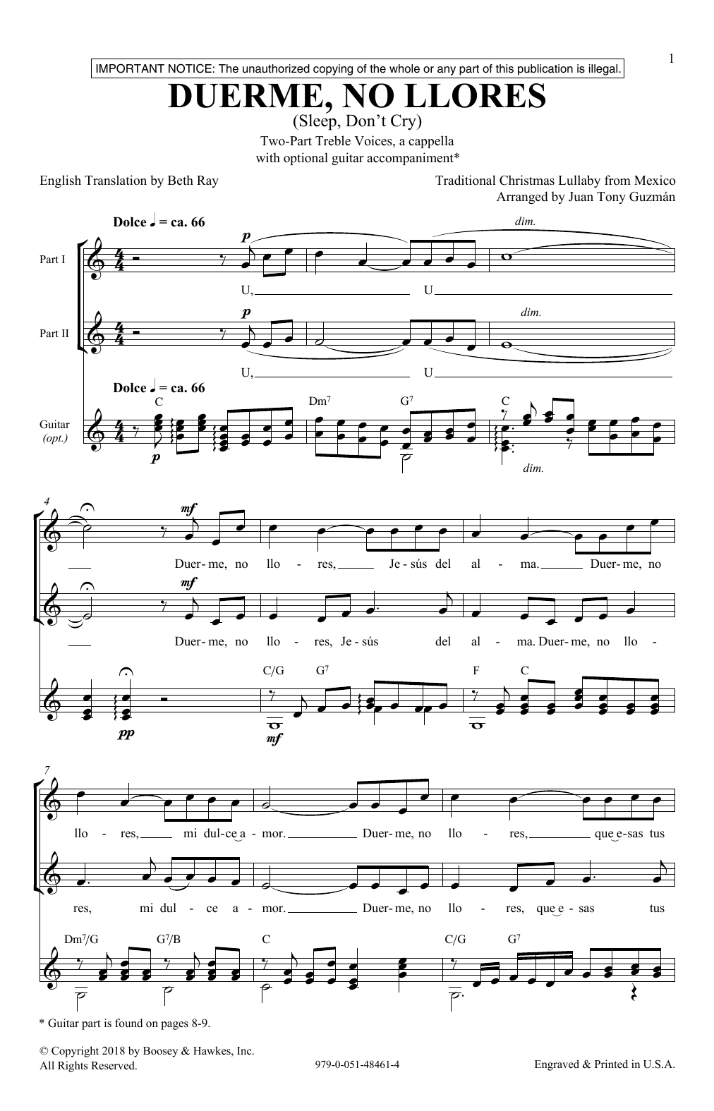 Download Juan-Tony Guzman Duerme, No Llores (Sleep, Don't Cry) Sheet Music and learn how to play 2-Part Choir PDF digital score in minutes