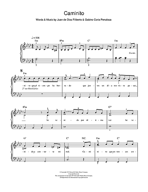 Download Juan de Dios Filiberto Caminito (The Little Lane) Sheet Music and learn how to play Easy Piano PDF digital score in minutes