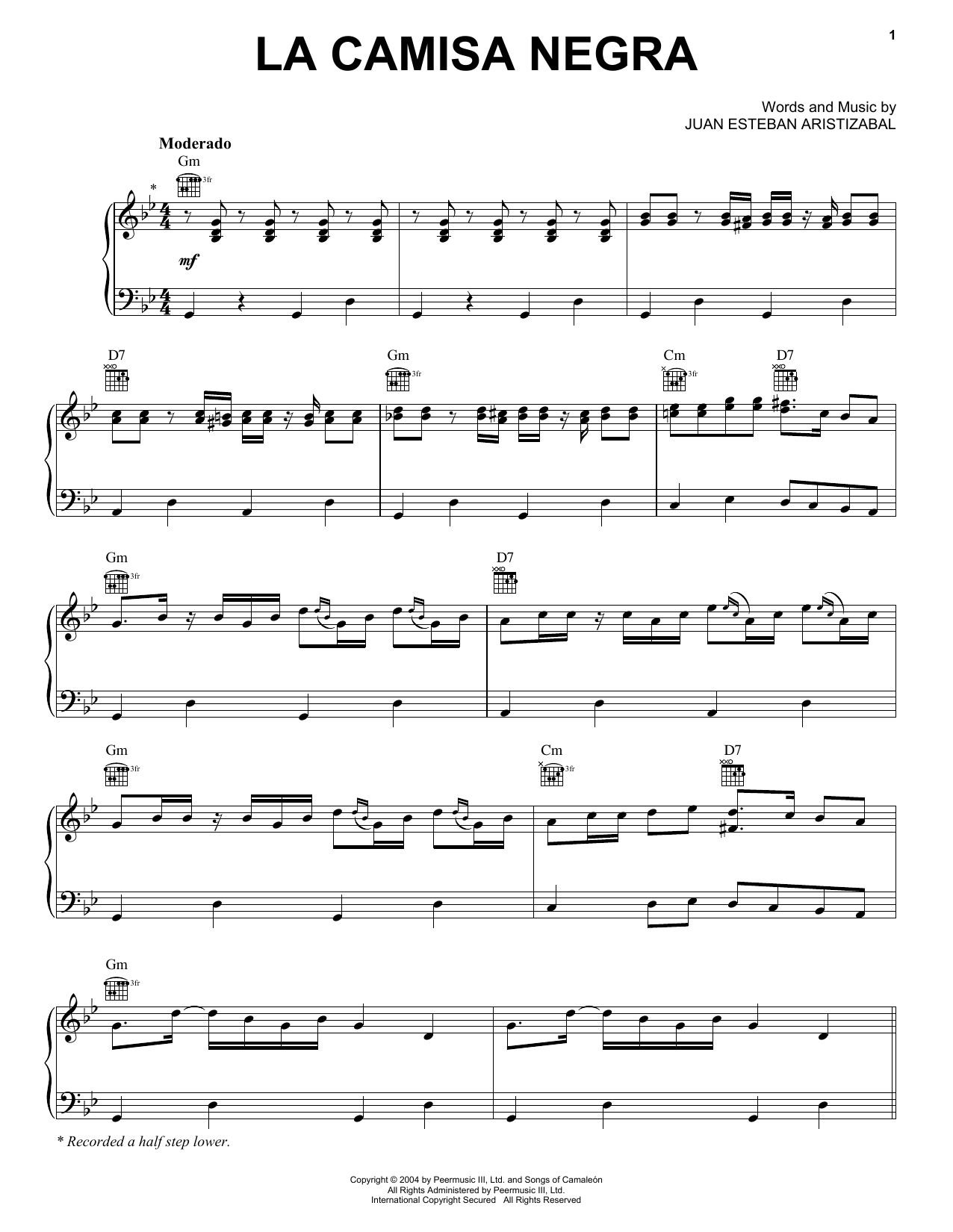 Download Juanes La Camisa Negra Sheet Music and learn how to play Real Book – Melody & Chords PDF digital score in minutes