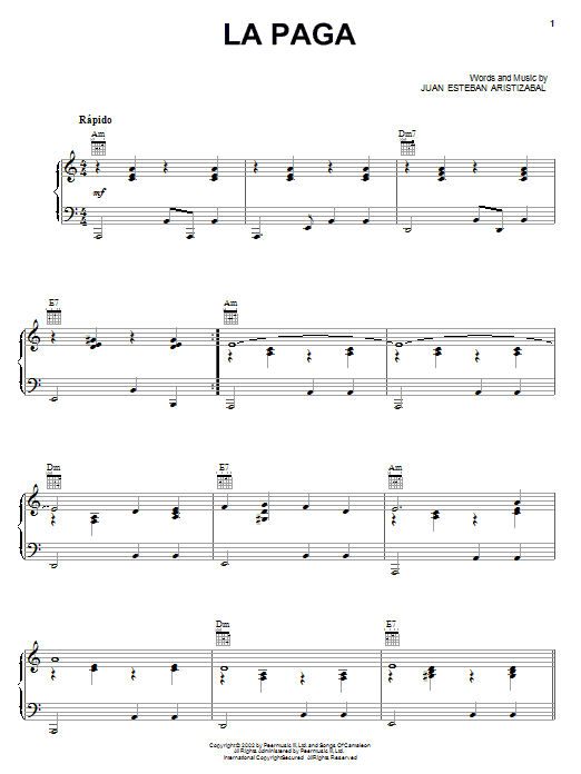 Download Juanes La Paga Sheet Music and learn how to play Piano, Vocal & Guitar (Right-Hand Melody) PDF digital score in minutes