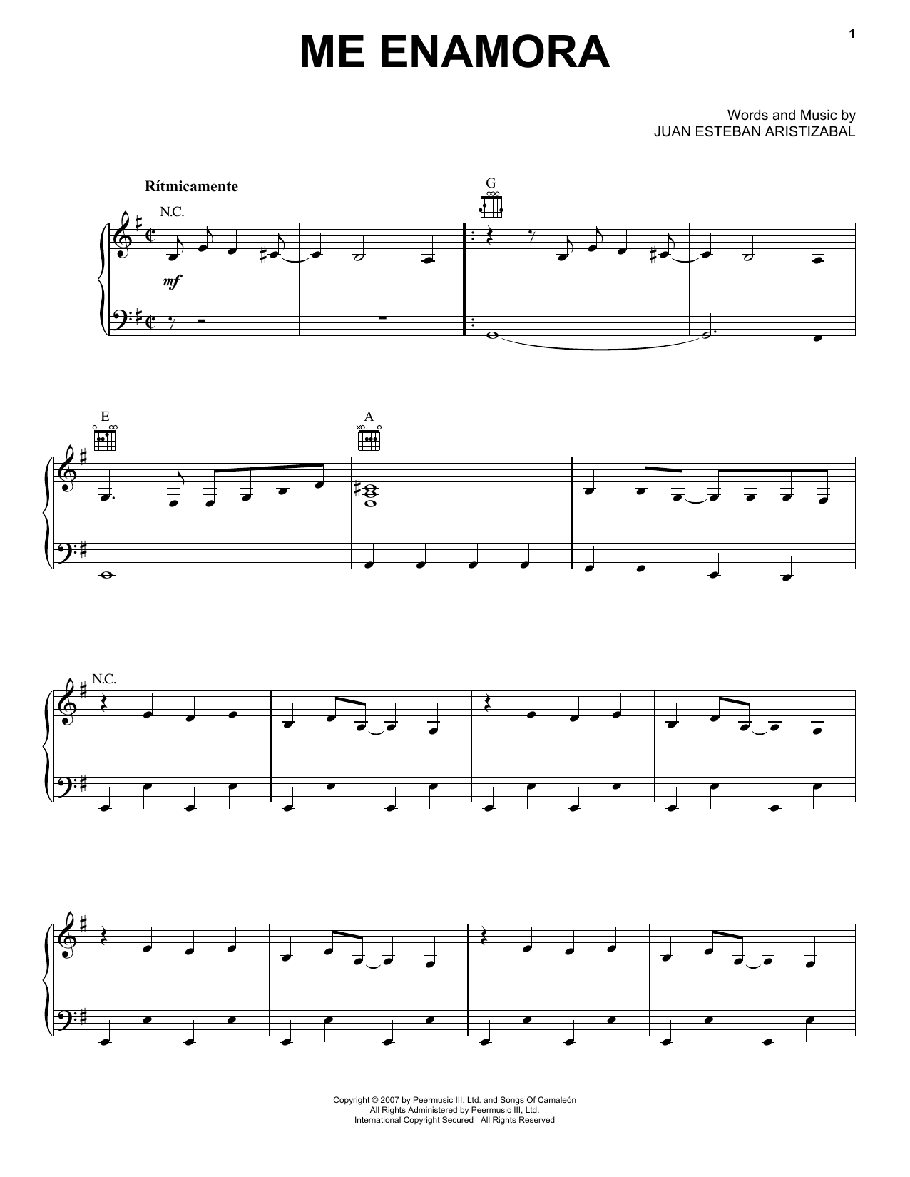 Download Juanes Me Enamora Sheet Music and learn how to play Piano, Vocal & Guitar (Right-Hand Melody) PDF digital score in minutes