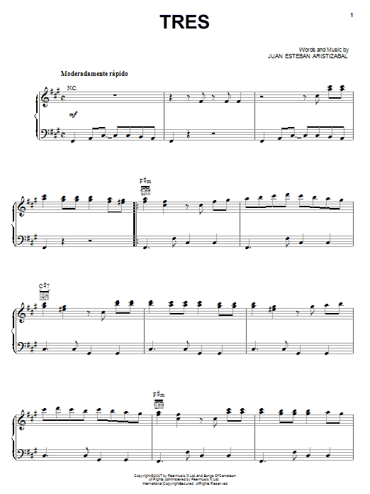 Download Juanes Tres Sheet Music and learn how to play Piano, Vocal & Guitar (Right-Hand Melody) PDF digital score in minutes