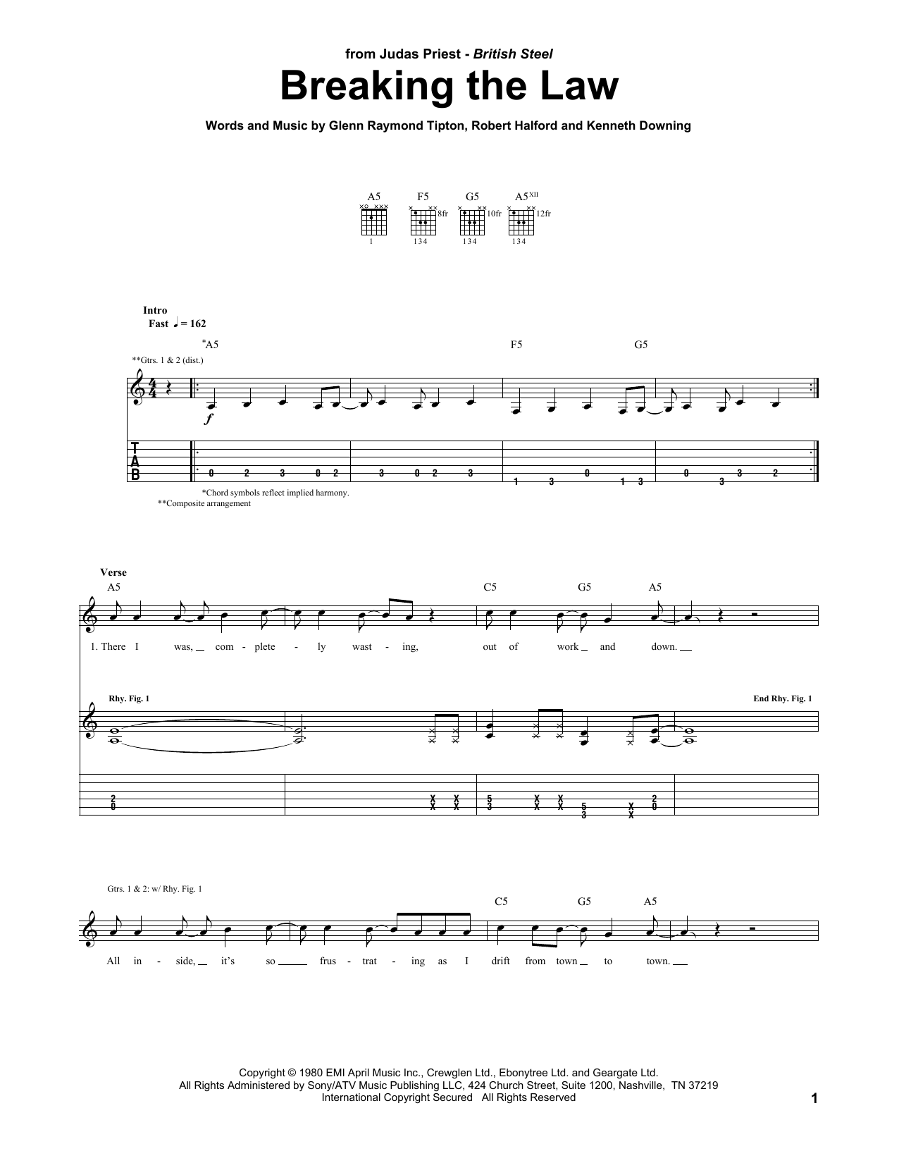 Download Judas Priest Breaking The Law Sheet Music and learn how to play Piano, Vocal & Guitar (Right-Hand Melody) PDF digital score in minutes