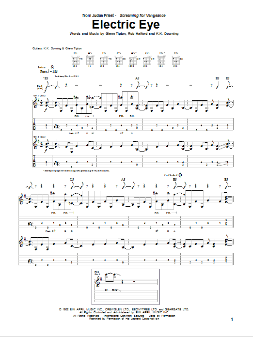 Download Judas Priest Electric Eye Sheet Music and learn how to play Guitar Tab Play-Along PDF digital score in minutes