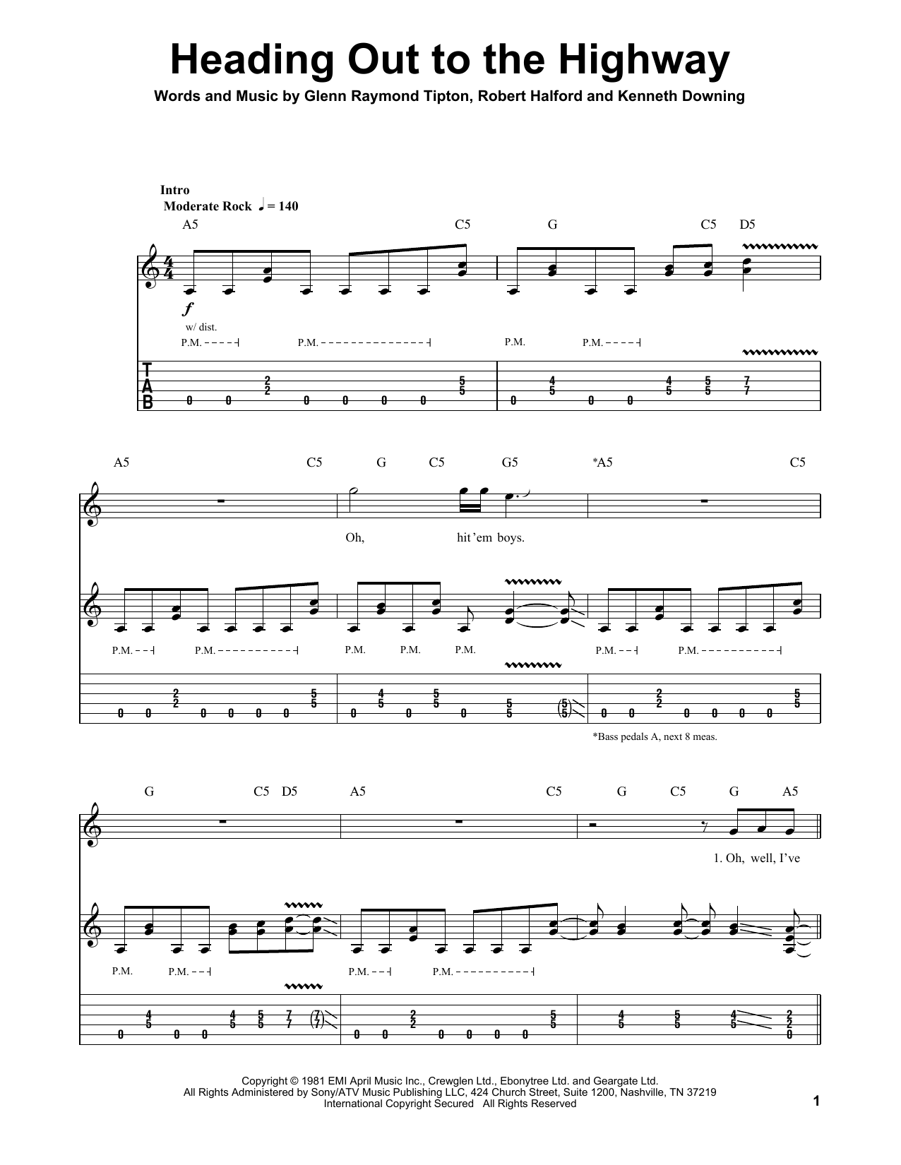 Download Judas Priest Heading Out To The Highway Sheet Music and learn how to play Guitar Tab Play-Along PDF digital score in minutes