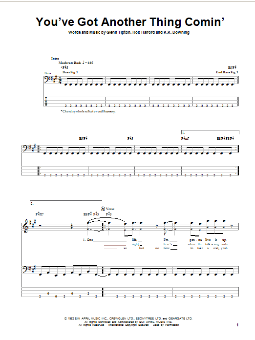 Download Judas Priest You've Got Another Thing Comin' Sheet Music and learn how to play Bass Guitar Tab PDF digital score in minutes