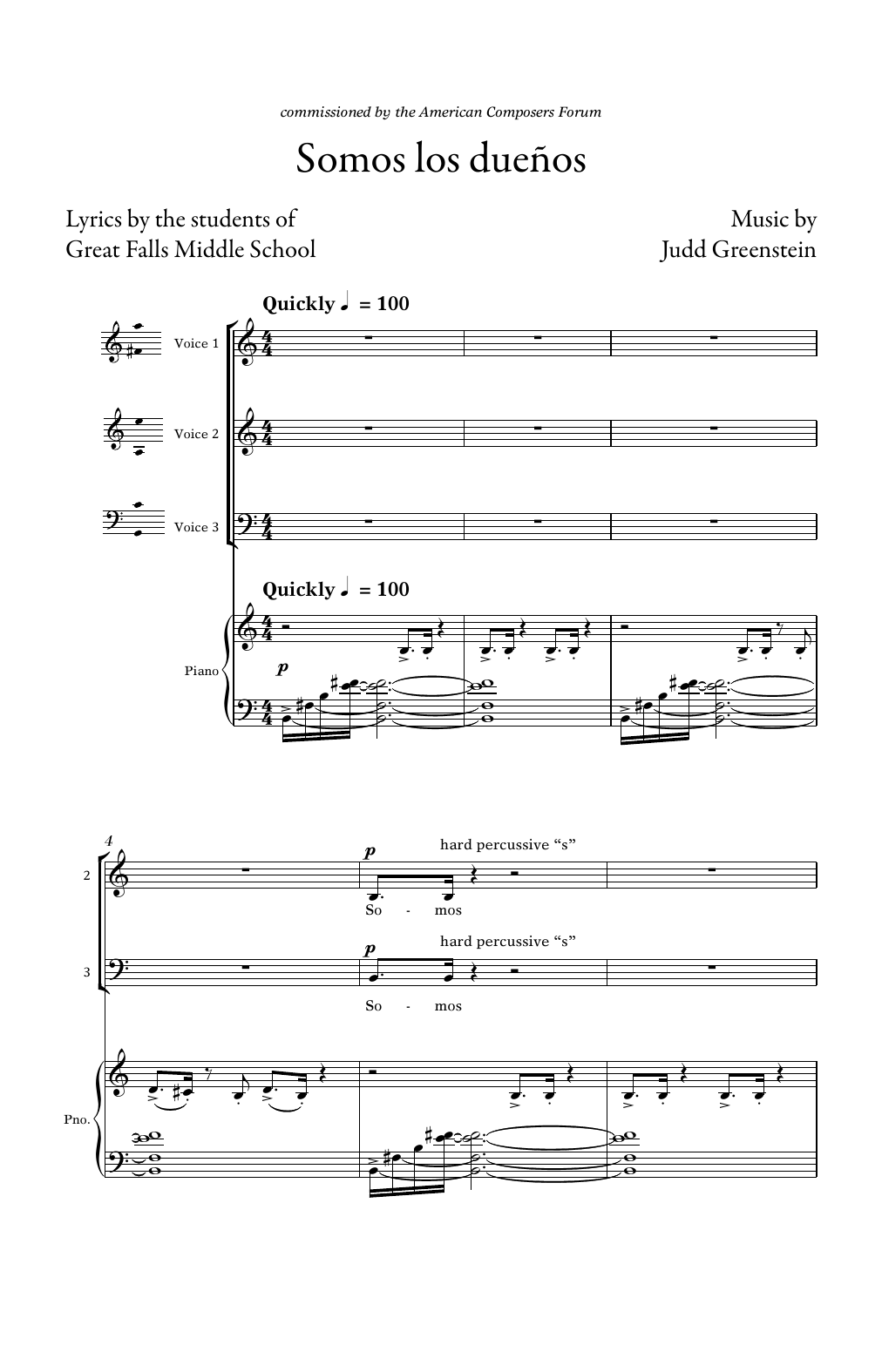 Download Judd Greenstein Somos Los Duenos 3-pt Mixed And Piano Sheet Music and learn how to play 3-Part Mixed Choir PDF digital score in minutes