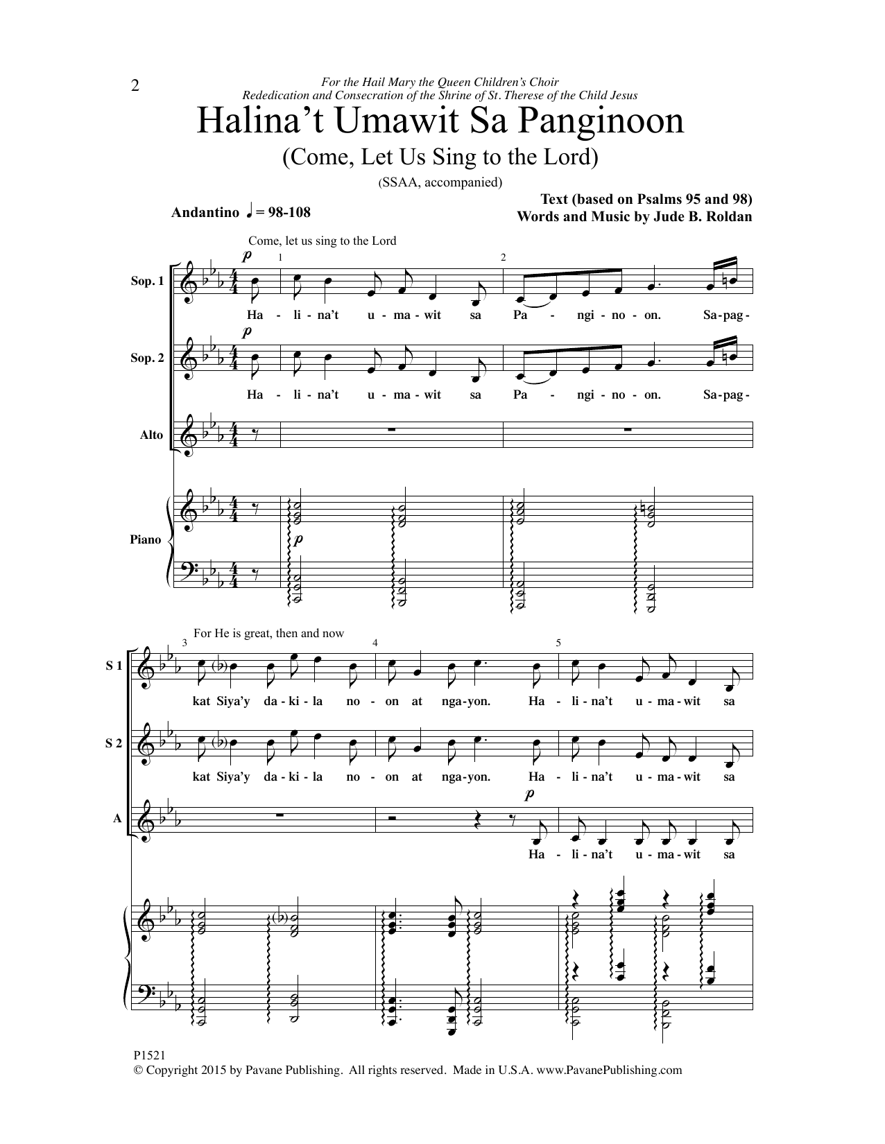 Download Jude B. Roldan Halina't Umawit Sa Panginoon Sheet Music and learn how to play SSAA Choir PDF digital score in minutes