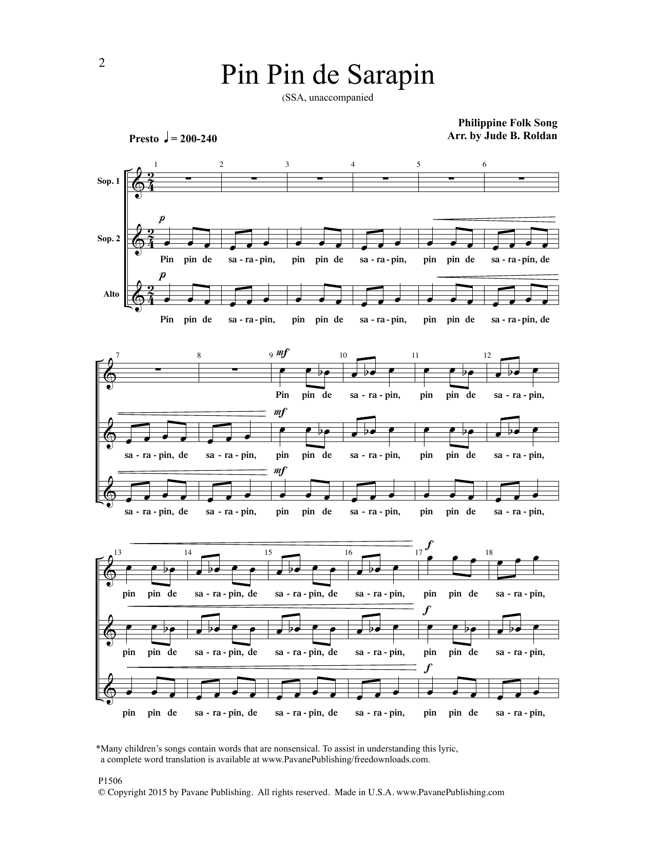 Download Jude B. Roldan Pin Pin de Sarapin Sheet Music and learn how to play SSA Choir PDF digital score in minutes