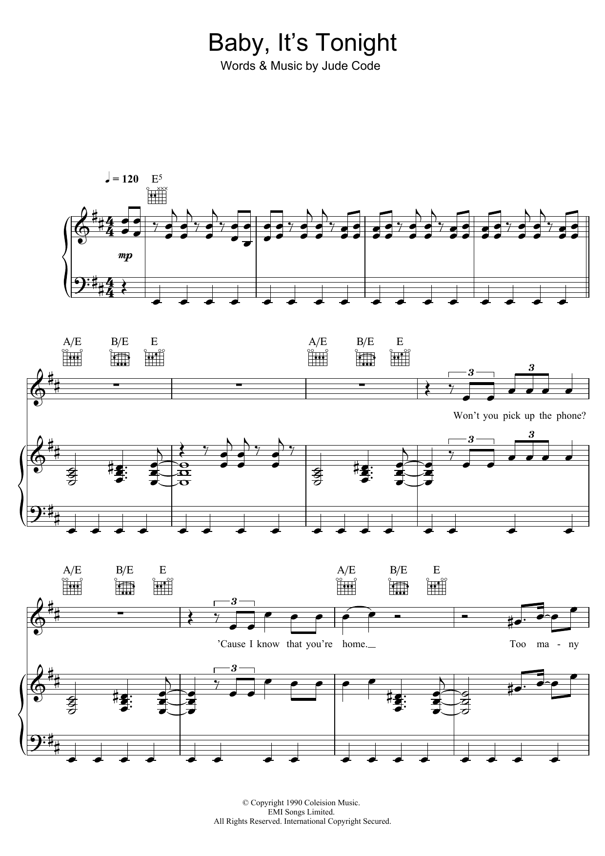 Download Jude Cole Baby, It's Tonight Sheet Music and learn how to play Piano, Vocal & Guitar (Right-Hand Melody) PDF digital score in minutes