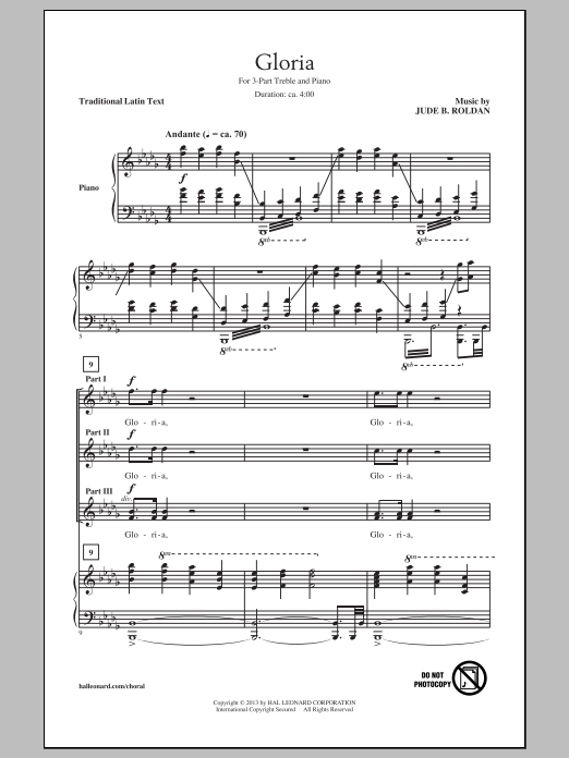 Download Jude Roldan Gloria Sheet Music and learn how to play 3-Part Treble PDF digital score in minutes