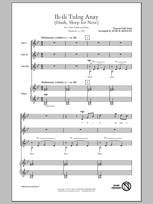 Download Traditional Folksong Ili-Ili Tulog Anay (arr. Jude Roldan) Sheet Music and learn how to play 3-Part Treble PDF digital score in minutes