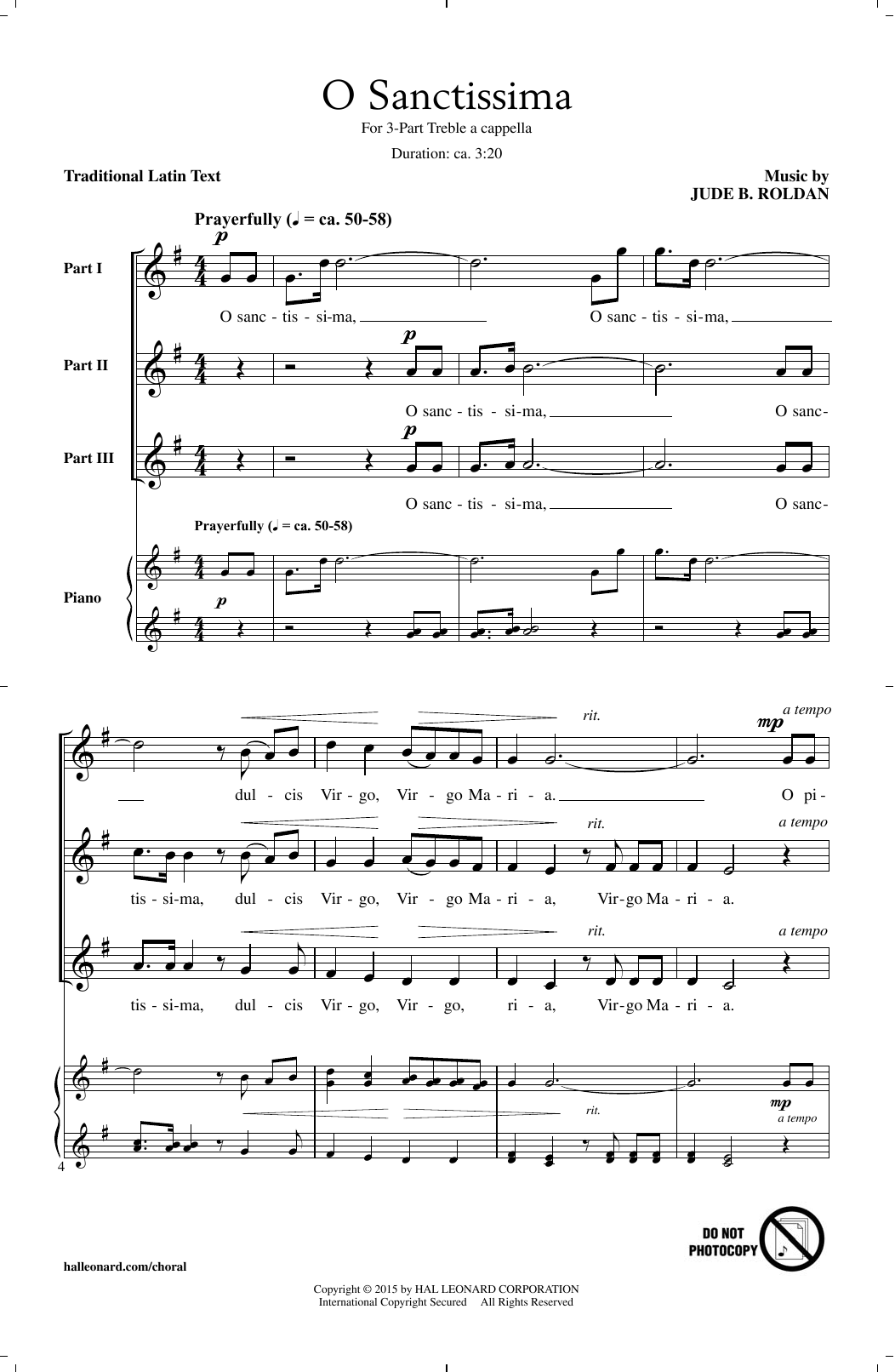 Download Jude Roldan O Sanctissima Sheet Music and learn how to play 3-Part Treble PDF digital score in minutes