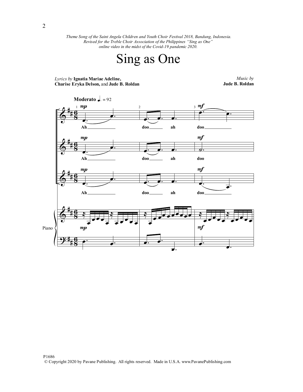 Download Jude Roldan Sing as One Sheet Music and learn how to play 3-Part Mixed Choir PDF digital score in minutes