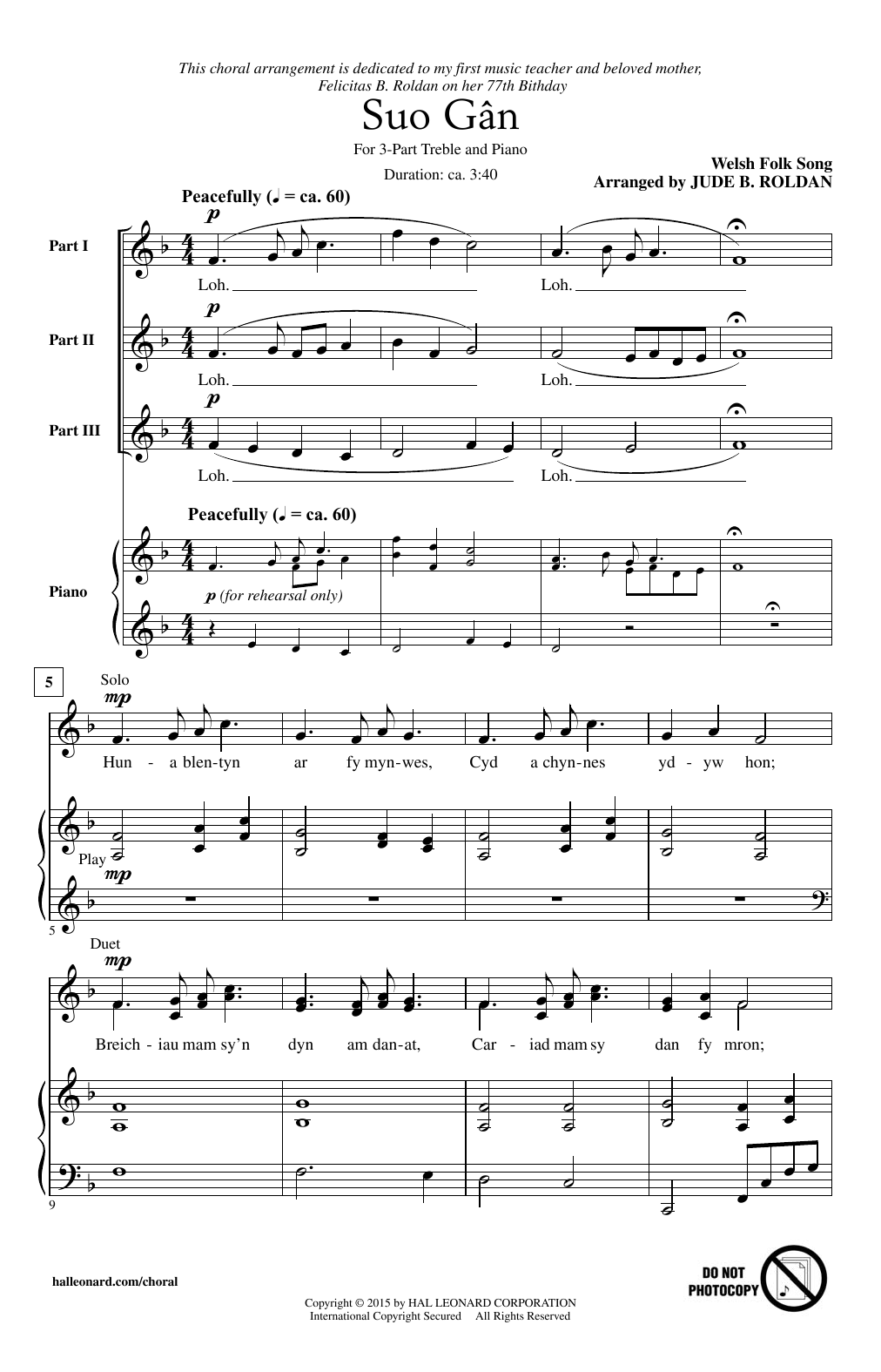 Download Welsh Folksong Suo Gan (arr. Jude Roldan) Sheet Music and learn how to play 3-Part Treble PDF digital score in minutes