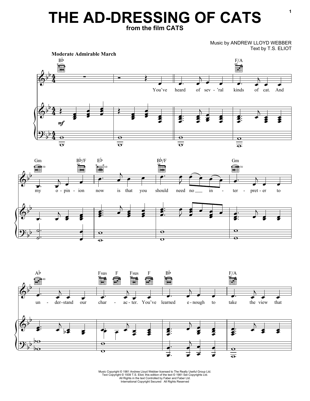 Download Judi Dench The Ad-dressing Of Cats (from the Motion Picture Cats) Sheet Music and learn how to play Piano, Vocal & Guitar Chords (Right-Hand Melody) PDF digital score in minutes