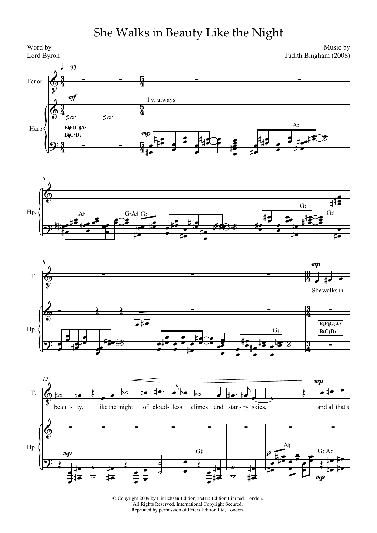 Download Judith Bingham She walks in beauty like the night (for tenor & harp) Sheet Music and learn how to play Piano & Vocal PDF digital score in minutes