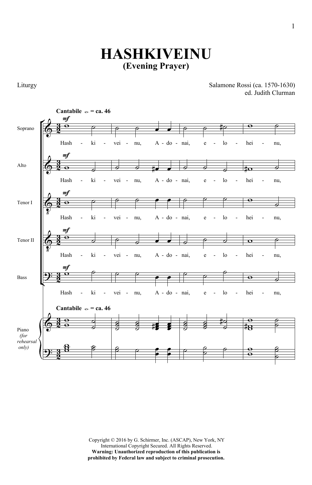 Download Salamone Rossi Hashkiveinu Sheet Music and learn how to play SATB PDF digital score in minutes